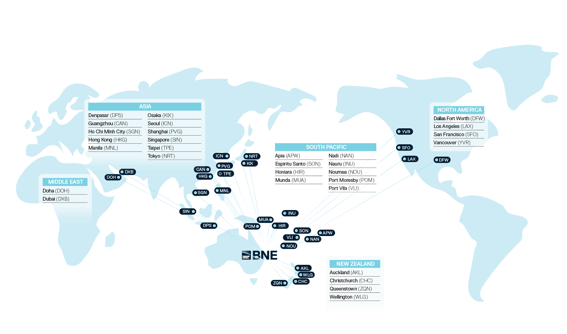 World map showing where you can fly from BNE